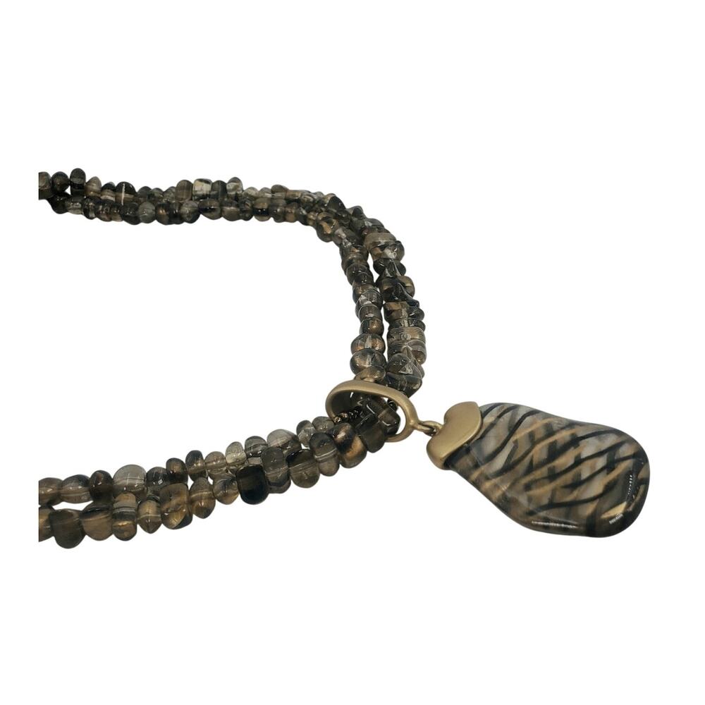 Vintage Lucite Double Strand Faux-Tiger’s Eye Beaded Necklace - Freeform Pendant